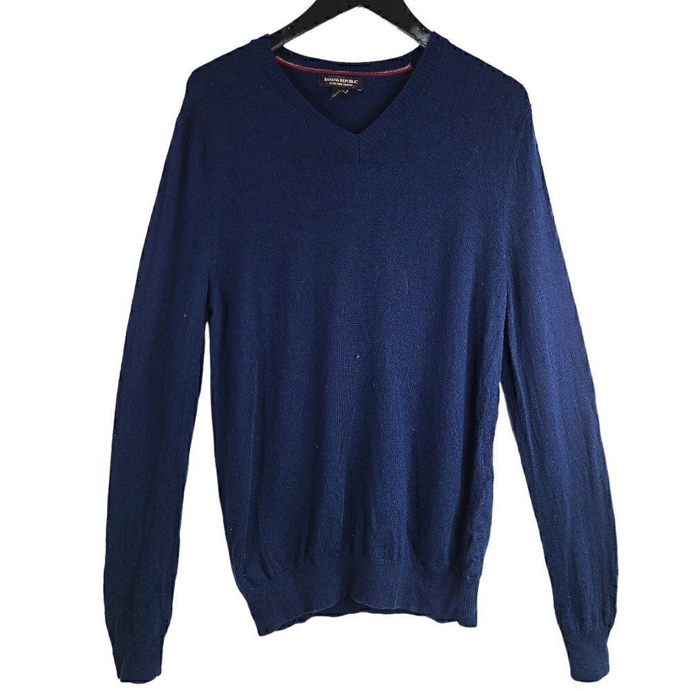 Banana Republic 100% Extra Fine Merino Wool V Neck Navy Blue Sweater